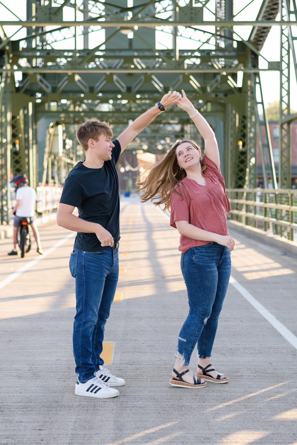 Engagement portrait session of Plymouth, MN couple at Stillwater Lift Bridge.