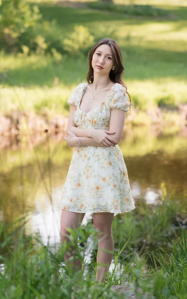 High school senior girl in floral dress stands by pond surrounded by tall reeds — Twin Cities senior portrait photography